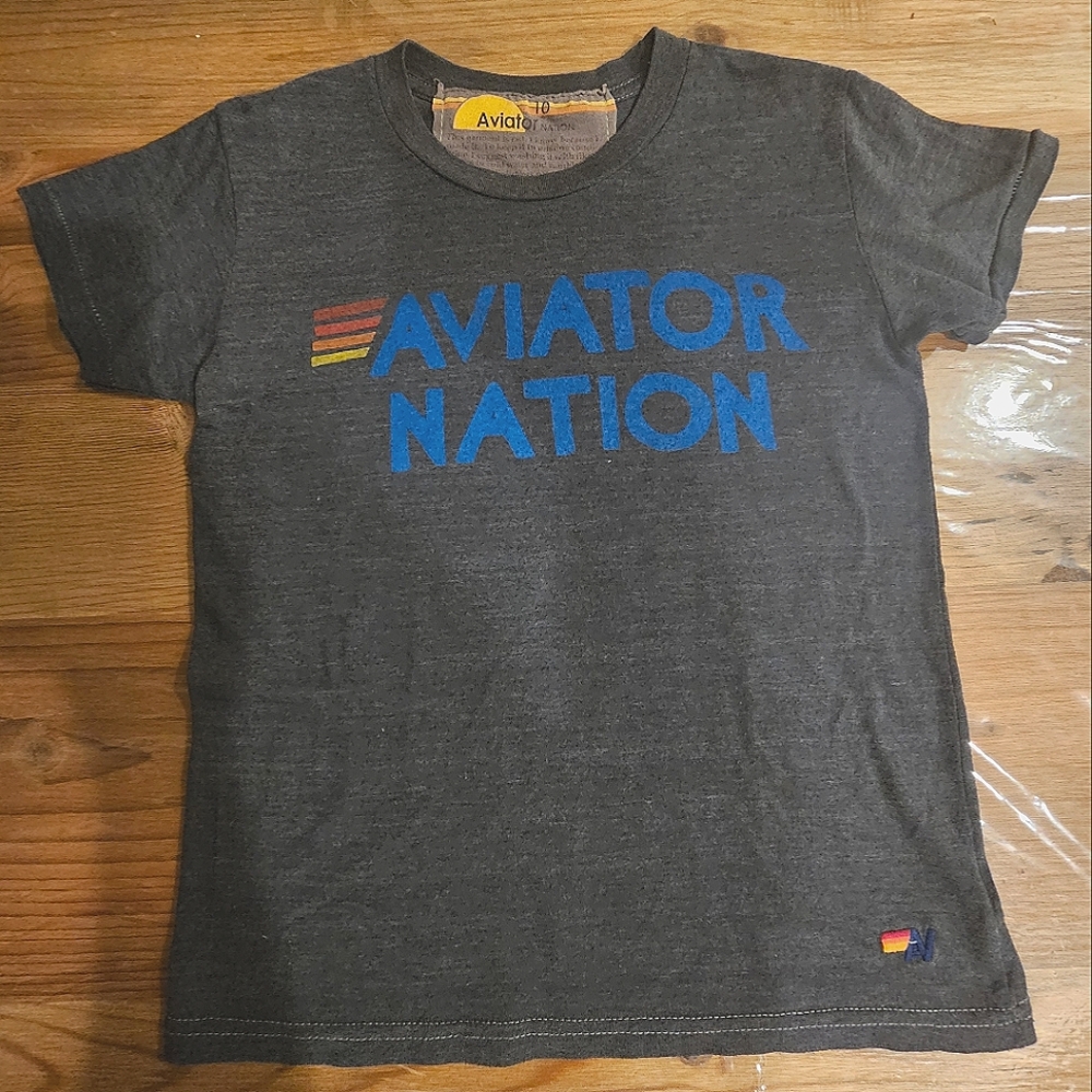 Aviator Nation Kids Charcoal Tee with Blue Logo Size 10